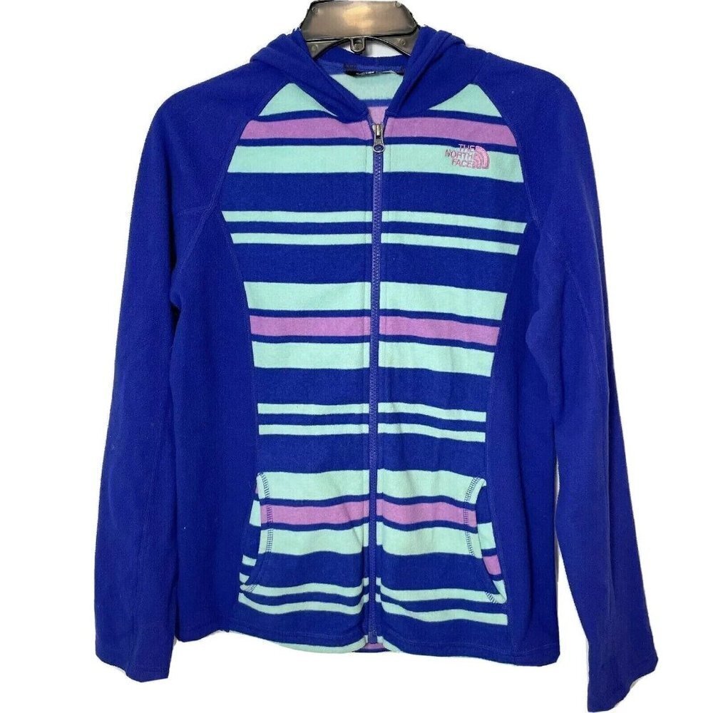 The North Face Full Zip Fleece Hoodie Jacket Girls XL Blue Striped‎ Lined Youth